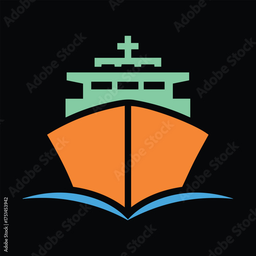 Cargo Ship Icon: Minimalist Freight Vessel Sailing on Water, Front View