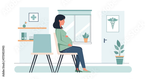 Pregnant woman sitting in a doctor's waiting room with medical symbols