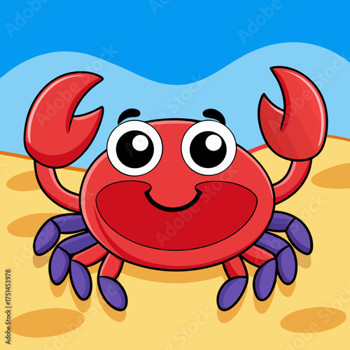 A cute cartoon crab waving cheerfully on a sandy beach