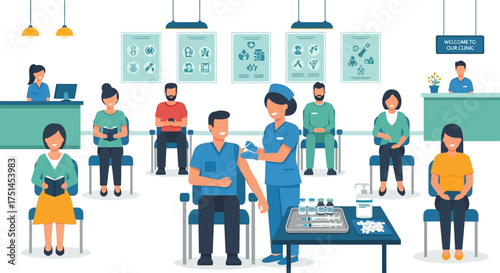 Vaccination Clinic Illustration People Receiving Injections, Healthcare, and Medical Procedures