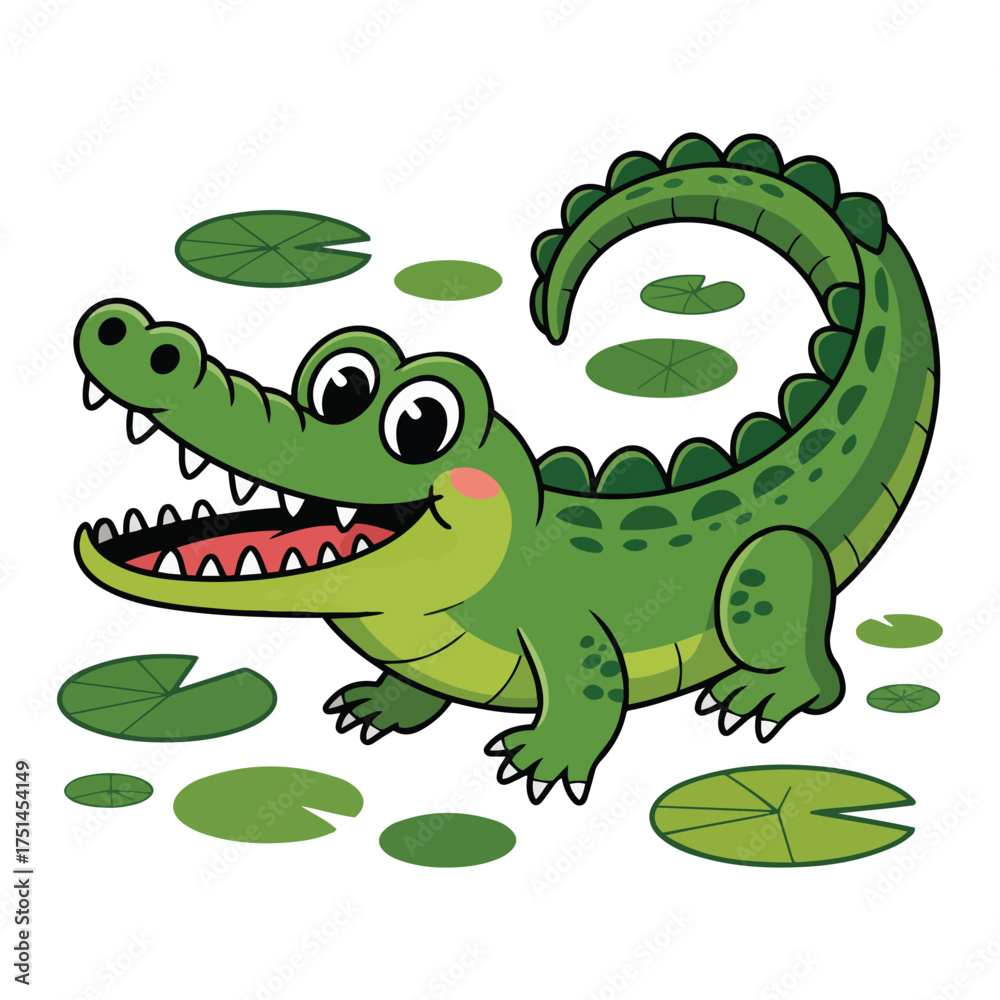Obraz premium Cute Cartoon Crocodile or Alligator in Swamp with Lily Pads - Vector Illustration