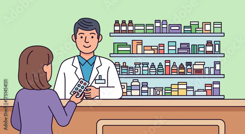 Friendly pharmacist assisting a customer by providing medication at a modern pharmacy counter, highlighting healthcare service and professional advice for well-being