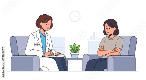 Depressed woman in therapy session with psychologist offering support and guidance during mental health treatment