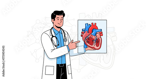 Experienced Doctor or Cardiologist Explaining Complex Human Heart Anatomy with a Detailed Diagram, Emphasizing Cardiovascular Health and Medical Education for Patients and Students