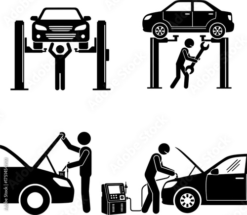Car Repair, Service, and Maintenance Stick Figures Set