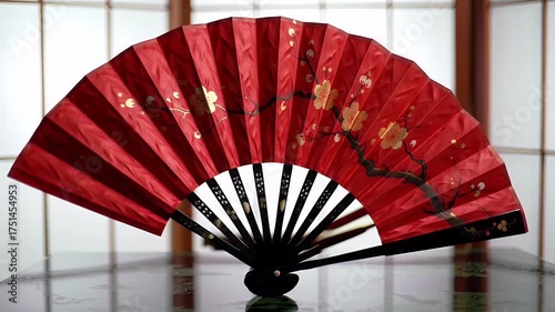 Vibrant Red Silk Hand Fan Display with Delicate Golden Blossom Accents and Wood Paneled Background Asian Artistry Elegance Decorative Craftsmanship Cultural Appreciation