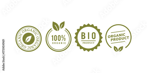 Organic product label set with 100 percent natural, eco friendly, healthy fresh from nature seals perfect for packaging, food, farm and environmental branding