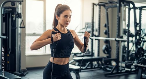 Young woman working out with resistance bands in a gym