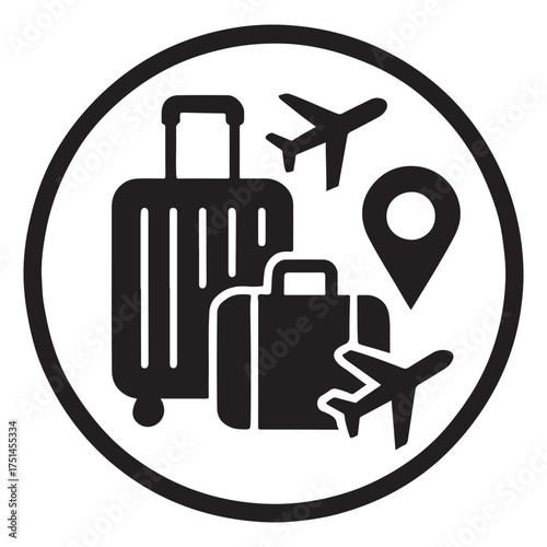 Two suitcases accompany airplanes and a location pin inside a black circular frame, transparent
