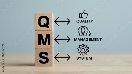 Boost business quality with systematic management using wooden cubes showing QMS concept for corporate excellence