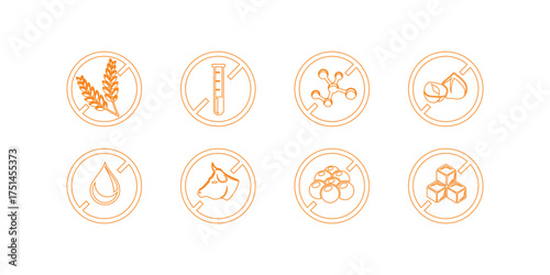 Allergen free products label collection with certified healthy food icons, allergy friendly packaging design, nutrition safety, dietary lifestyle and organic product tags