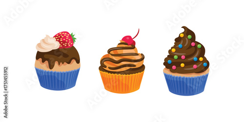 Realistic chocolate muffin cake vector illustration with detailed texture, sweet dessert bakery food design for cafe, pastry, restaurant and confectionery branding