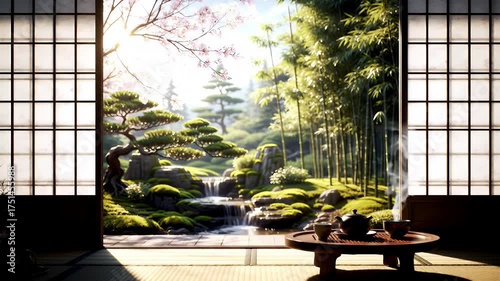 Zen Japanese Garden View Through Open Shoji Doors with Sunlight Casting Reflections on Tatami Matting Showing Bamboo Forest and Rocks Smooth Cascading Stream and Tea Set on Wooden Table