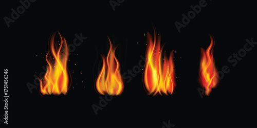 Realistic burning red hot sparks and fire flames illustration for energy, heat, explosion, danger, power, blazing background and dramatic fiery effect design
