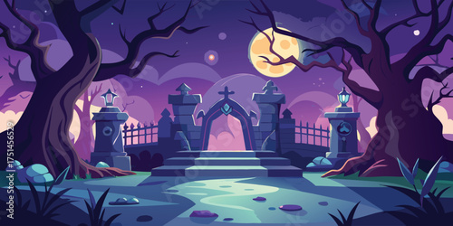 Spooky graveyard scene with full moon and gnarled trees creating a Halloween night atmosphere