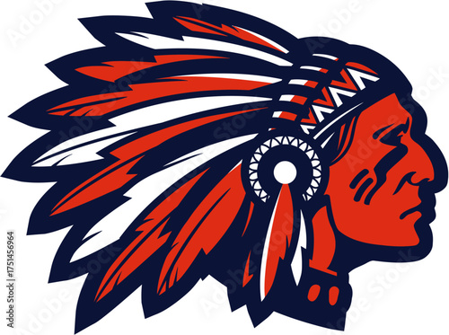 Decorative Feather Headdress Vector Illustration in Native American Cultural Style with Red, White, and Blue Tribal Art Elements