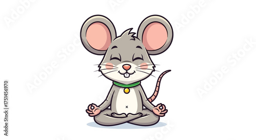 Cartoon illustration of a cute gray mouse sitting in a meditative lotus position with closed eyes.