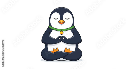 Cartoon penguin meditating with eyes closed, wearing a green collar and gold pendant.
