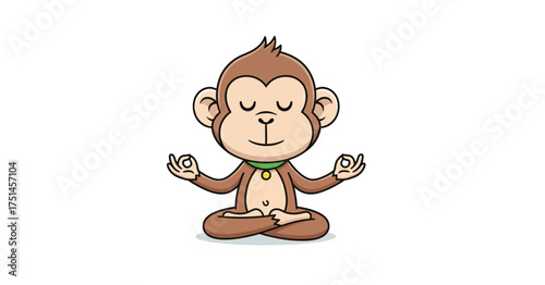 A cute cartoon monkey character sitting in a yoga lotus pose, meditating peacefully with closed eyes on a white background.