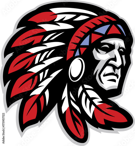 Side Profile Vector Illustration of Native American Indian Chief Wearing Traditional Red Feather Headdress and Tribal Art Details