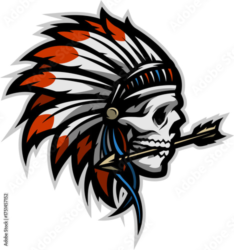 Tribal Skull with Feather Headdress Smoking Pipe Vector Illustration in Native American Cultural Style Representing Warrior Symbolism