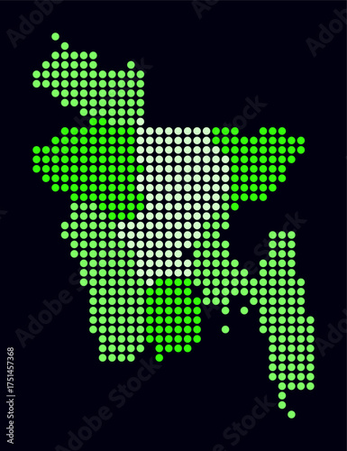 Bangladesh dotted map. Digital style map of the country on dark background. Bangladesh shape with circle dots. Colored dots style. Large size circles. Artistic vector illustration.