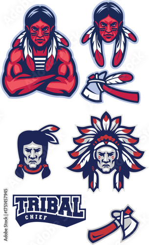 Collection of Native American Tribal Elements Vector Illustration Featuring Indian Chief Heads, Tomahawk, and Cultural Heritage Symbols