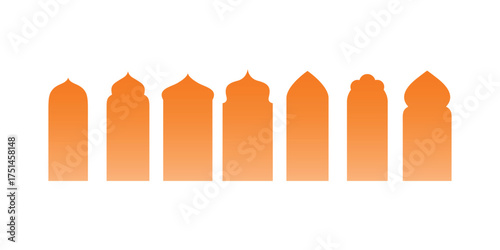 Gold traditional Islamic window shape. Arabic frames, mosque arches isolated on white background. Muslim architecture design elements, silhouette Moroccan borders or gates