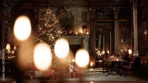 Luxurious Traditional Christmas Interior with Decorated Tree, Festive Dining Table, and Warm Bokeh Lights