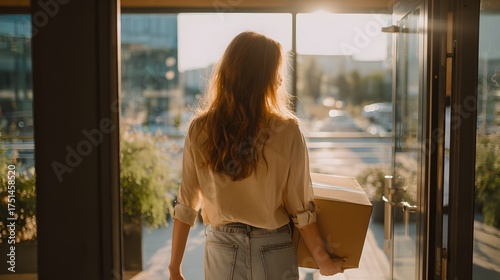 Woman leaving the office building with a box during sunset Free Download Woman leaving the office building with a box during sunset - GFXLoad