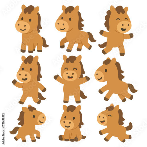 Cute Horse Character Illustration Set, Pony Animal Expression Sticker Design
