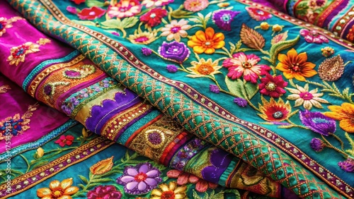 Traditional Indian saree fabric with intricate floral patterns and vibrant colors