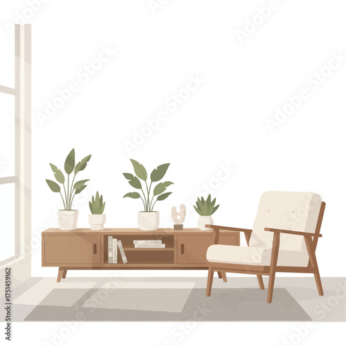 Minimalist living room with indoor plants and warm wood decor. Scandinavian lounge, daylight softens a calm neutral palette. Japandi interior, armchair and sideboard greet morning light