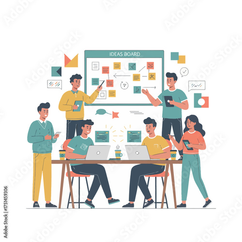 Startup team brainstorm with laptops around an ideas board. Agile planning workshop, creative team mapping a product sprint. Young professionals collaborate on strategy in a modern office