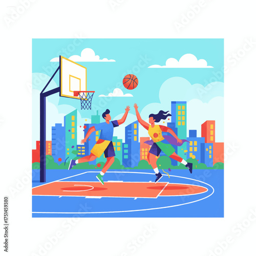 High-flying basketball block on city playground. Street court challenge, aerial duel near hoop. Energetic sports youth moment, skyline backdrop. Competitive outdoor hoops, bold modern vector