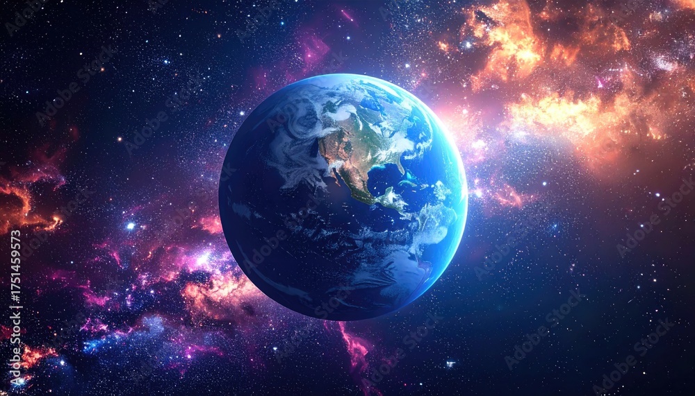 Obraz premium Pixelated Earth Globe Orbiting in a Vibrant Nebula Galaxy with Stars and Cosmic Dust