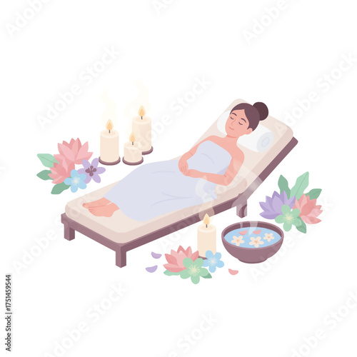 Luxury spa relaxation with steam, candles, blossoms. Wellness retreat vibe, woman resting after treatment. Aromatherapy pamper session, floral, minimalist style. Rejuvenating body wrap on spa lounger