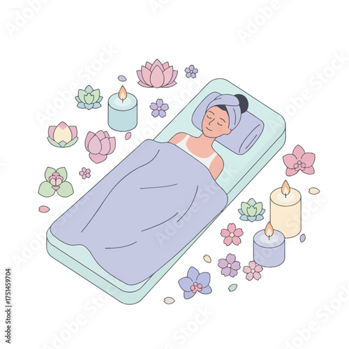 Headwrap rest beside candles and pastel floral accents. Cozy wellness tuck-in with blanket and votive glow. Gentle bedtime spa moment with lilac tones and petals. Serene head towel nap