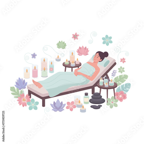 Premium massage lounge with hot stones and essential oils. Therapeutic candlelit scene on floral relaxation lounger. Comfort luxe: woman resting with diffuser, stones, and blooms
