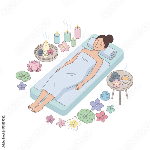 Minimal spa mattress with tea, candles, and waterlily decor. Peaceful self-care rest with herbal tea and pastel blooms. Clean linens, tea steam, and gentle candle wellness