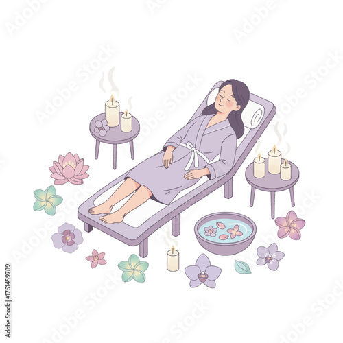 Lavender robe retreat with candles and lotus calm. Woman unwinds on spa bed amid scented floral glow. Luxury pamper scene with robe, petals, and soft light. serene woman with lavender accents