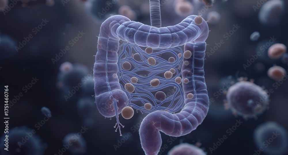Fototapeta premium Microscopic View of Intestinal Microbiome and Flora