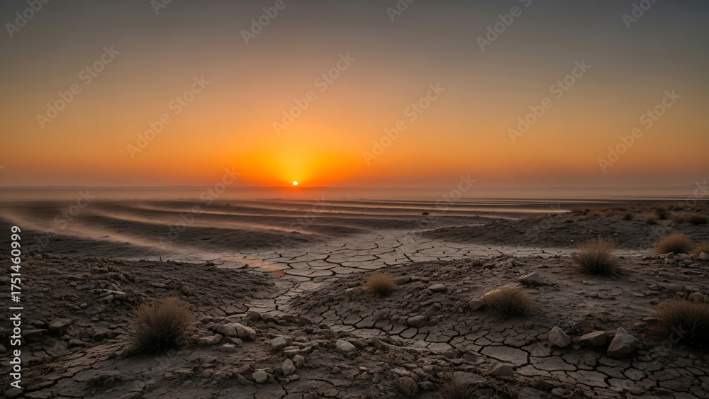 Obraz premium Orange Sunset Over Cracked Dry Earth Landscape at Dusk