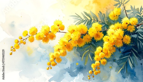 Watercolor illustration of a flowering mimosa branch