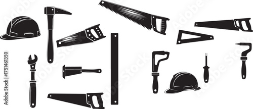 Construction tools vector illustration: hand saw, hammer, wrench, helmet and more tools
