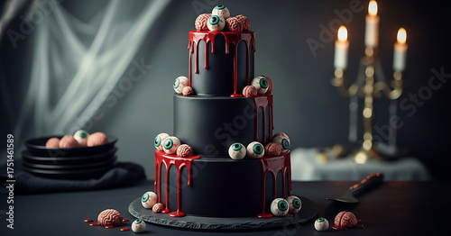 Halloween black tiered cake with red chocolate drips and small eyeball and brain decorations, spooky holiday dessert on dark background