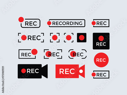Recording icon and REC sign symbol, digital audio and video recording logo design, flat interface vector illustration for multimedia applications and creative media branding projects