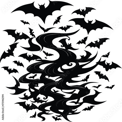Spooky halloween illustration of a swirling vortex of bats and dark energy