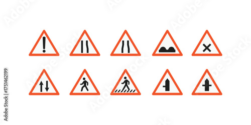 Road traffic sign collection including street road marks, caution signage, driving rules symbol set, highway direction boards, urban navigation safety icons for transportation