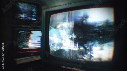 Vintage televisions displaying distorted images in a dark room  